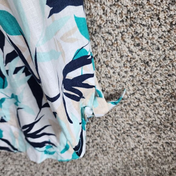 JM Collection Top Womens 16 Floral Print‎ 100% Linen Button Up Teal Collared - Picture 2 of 7